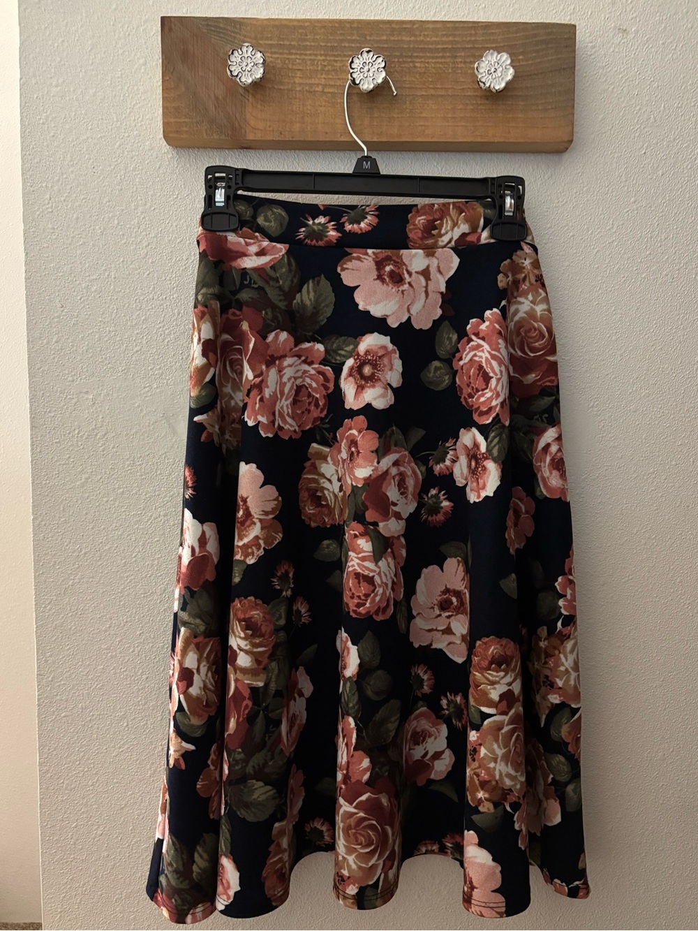 Floral A-Line Skirt in Navy with Pink Rose Print